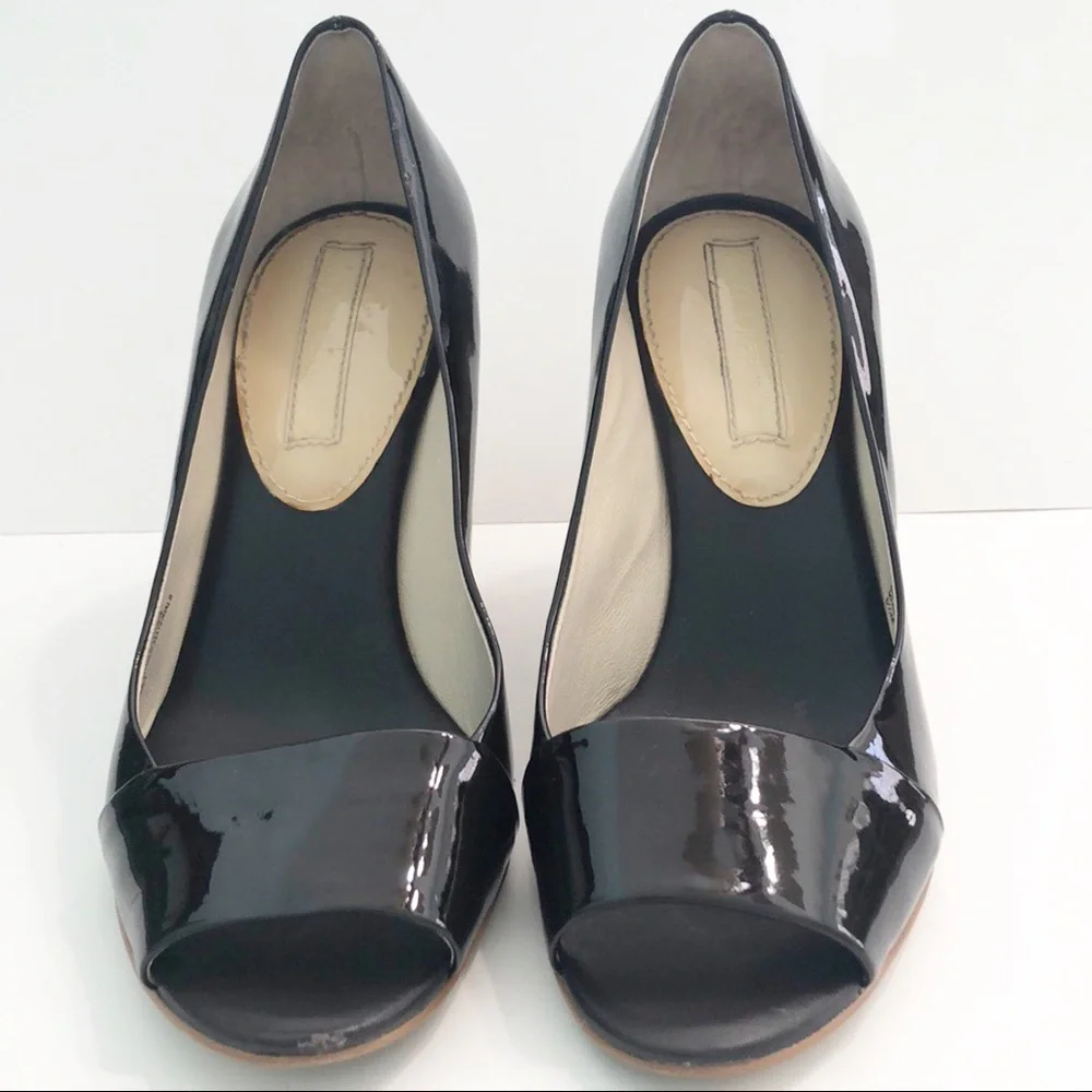 Banana Republic Patent Leather Open Toe Slip On Wedges Shoes Stacked Wooden Heel